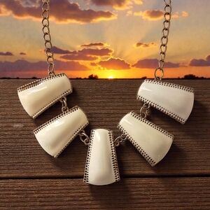 Boho Geometric Statement Necklace Bib Ivory Bar‎ Gold Tone Panels Y2K Chunky Vtg